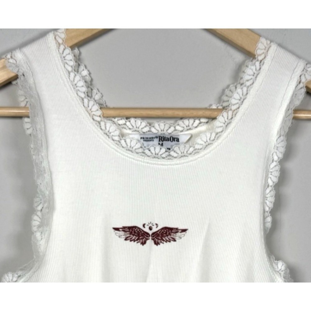 Rita Ora x Primark Lace Trim Wing Graphic White Tank Top Sz M Y2K Coquette Fairy